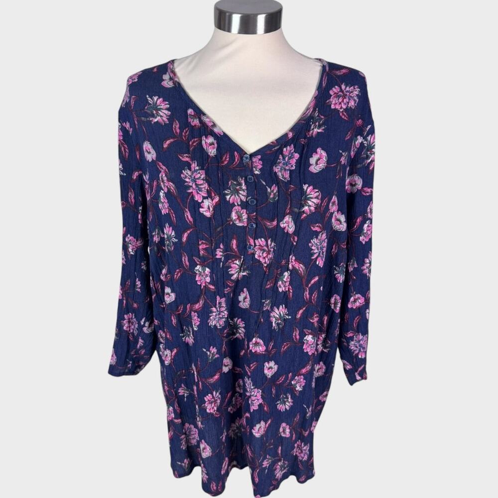 Terra & Sky Blouse 0X 14W Rayon Polyester Blend Blue with Purple Flowers